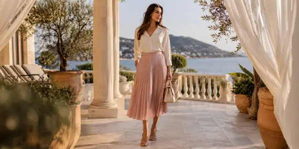 HALENKA A PLISOVANÁ SUKNĚ – ženský outfit bez přehnané okázalosti