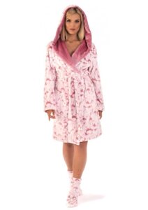 Župan z flanel fleece 3/4 délky Vestis Flora kapuce  dusty rose Vzor