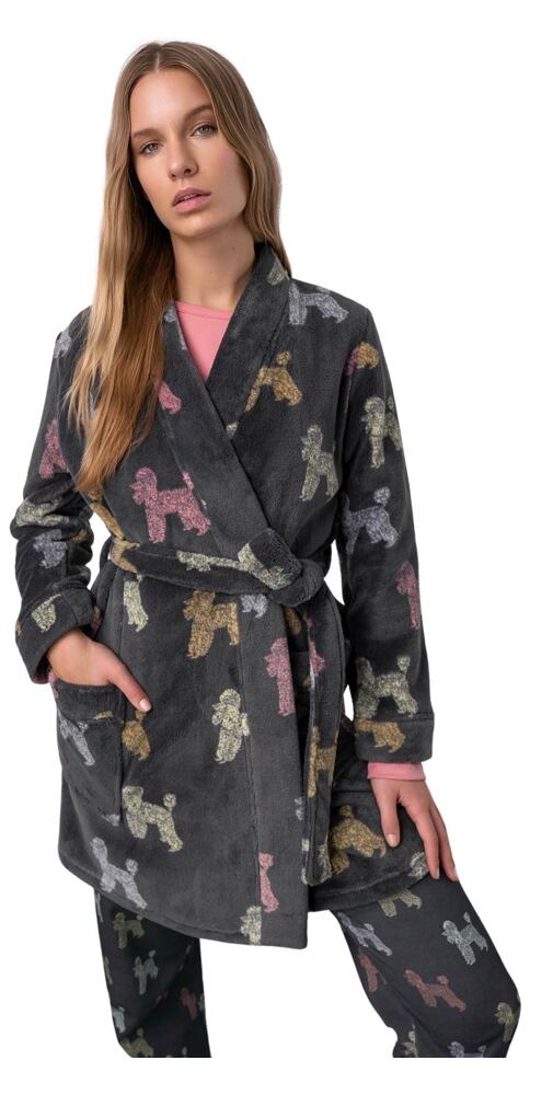 Vamp Dámský hřejivý župan s potiskem pejsků 17441 dark gray