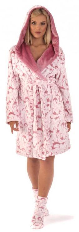 Župan z flanel fleece 3/4 délky Vestis Flora kapuce  dusty rose Vzor